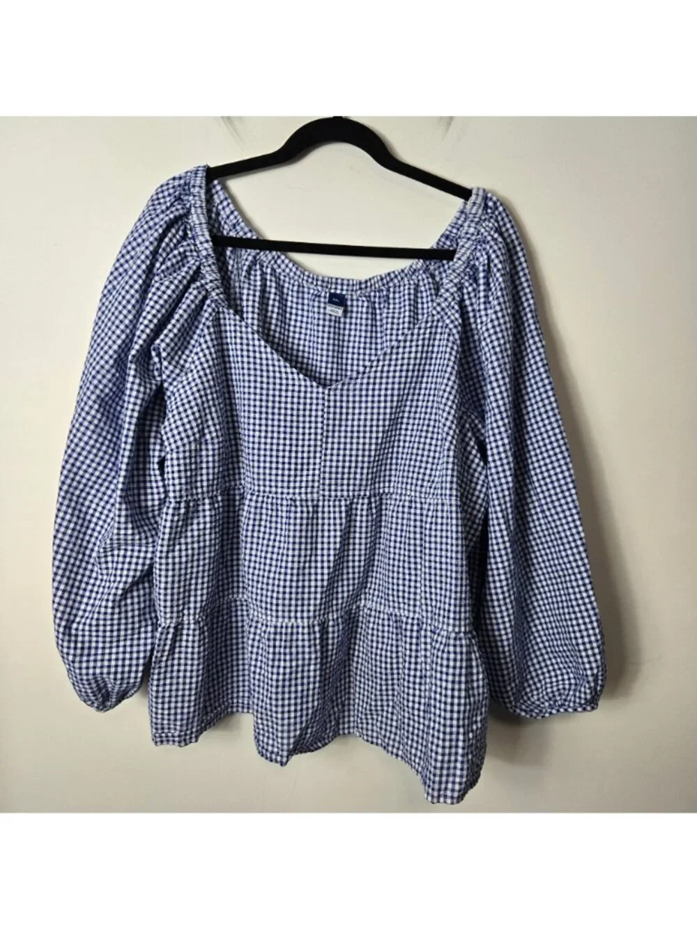 Old Navy Size XXL Tiered Blue Gingham Puff Sleeve Baby Doll Swing Top Empire Wai